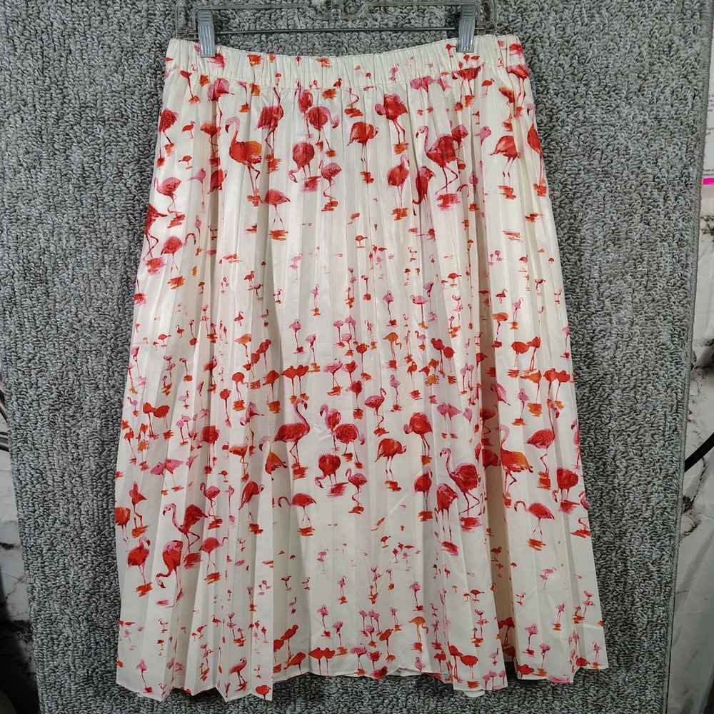 J.Crew Pleated Midi Skirt White Flamingo Print Summercore Women 16